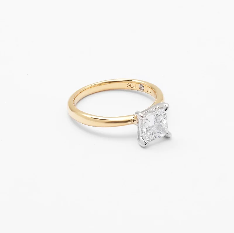 Pear - shaped diamond engagement ring with side baguette diamonds in 18K gold18K Yellow And White Gold Princess Lab Diamond Solitaire Engagement Ring 1.5ct Pear - shaped diamond engagement ring with side baguette diamonds in 18K gold18K Yellow And White Gold Princess Lab Diamond Solitaire Engagement Ring 1.5ct