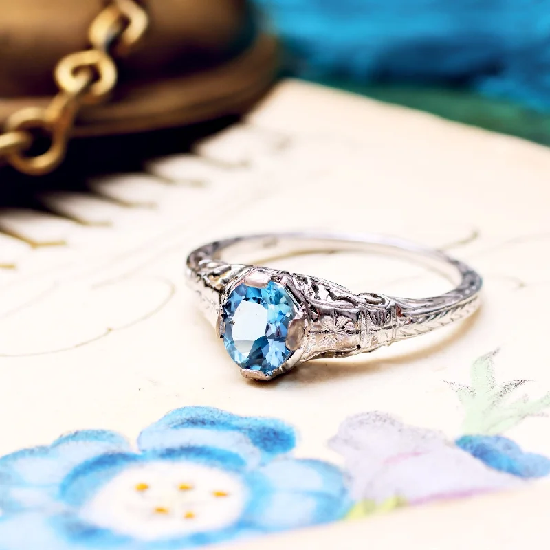 Women's Rings with Birthstones for a Personalized TouchArt Deco Filigree Aquamarine Ring Women's Rings with Birthstones for a Personalized TouchArt Deco Filigree Aquamarine Ring