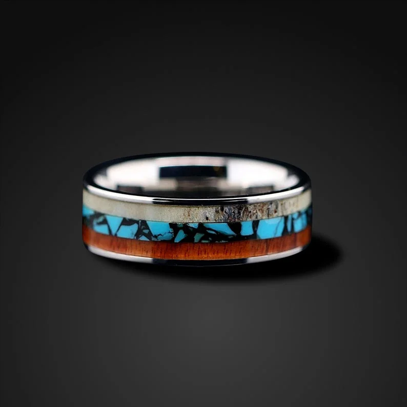 Men's skull - shaped rings for a gothic styleStainless Steel Deer Antler Band Turquoise and Koa Wood Ring Men's skull - shaped rings for a gothic styleStainless Steel Deer Antler Band Turquoise and Koa Wood Ring