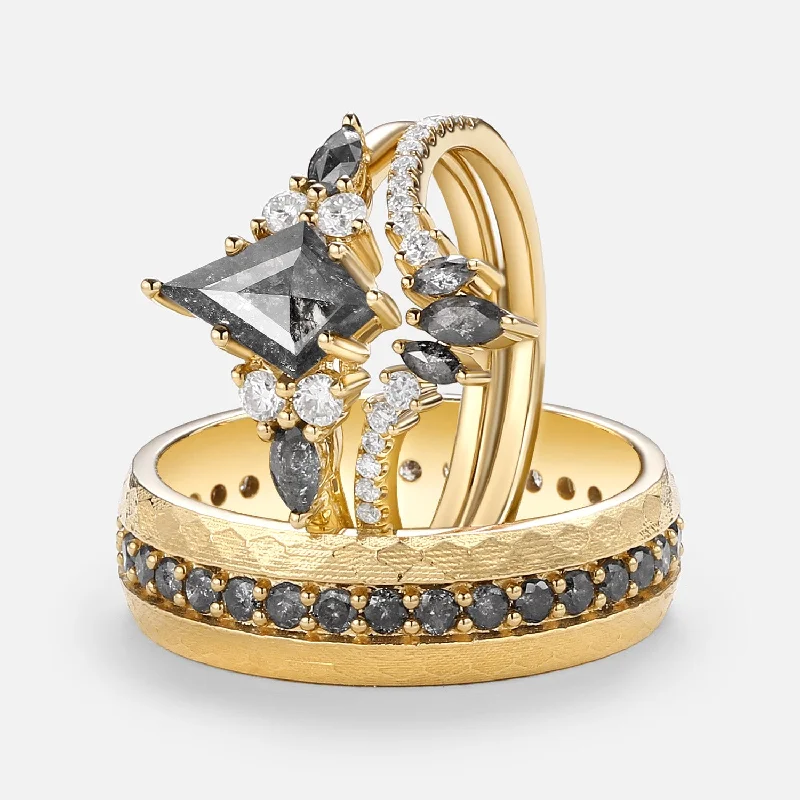 Kite Cut Salt and Pepper Diamonds Engagement Couple Ring Set 3pcs - Rebecca