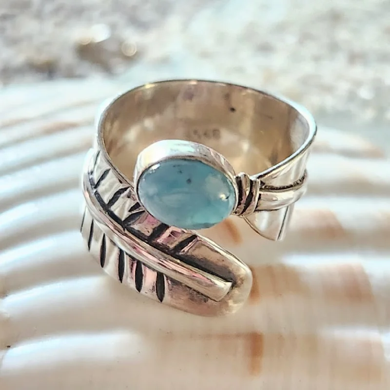 Boho - Style Women's Rings with Turquoise and Leather AccentsSILVER LEAVES - LARIMAR  / ADJUSTABLE RING