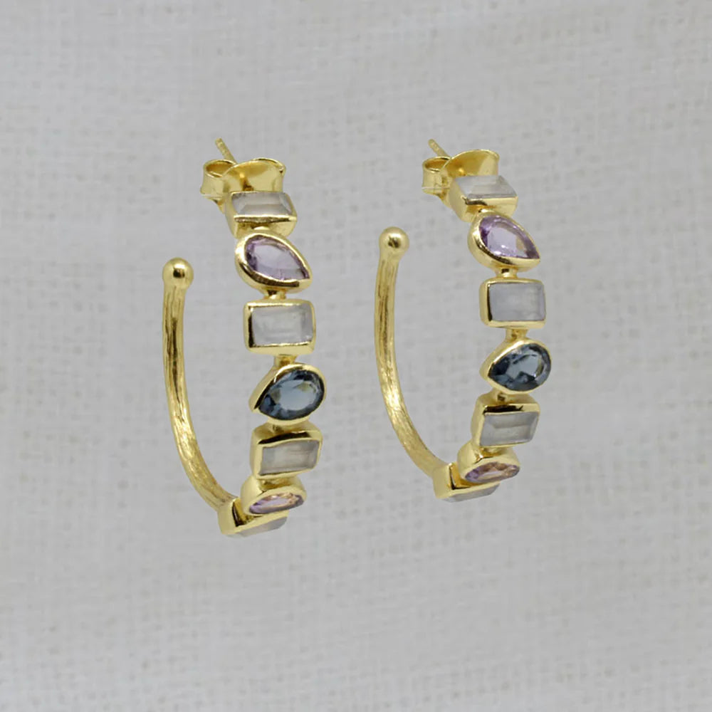 Trendy hoop earrings18ct Gold Vermeil Blue Chalcedony Amethyst Kyanite Hoop Earrings