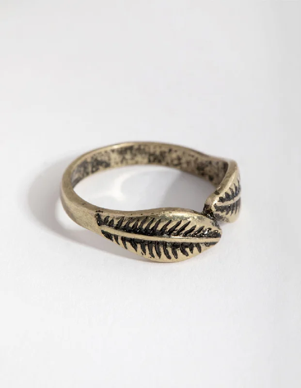 Geometric - Shaped Fashion Rings in Titanium with Iridescent InlaysAntique Gold Two Sided Leaf Ring Geometric - Shaped Fashion Rings in Titanium with Iridescent InlaysAntique Gold Two Sided Leaf Ring