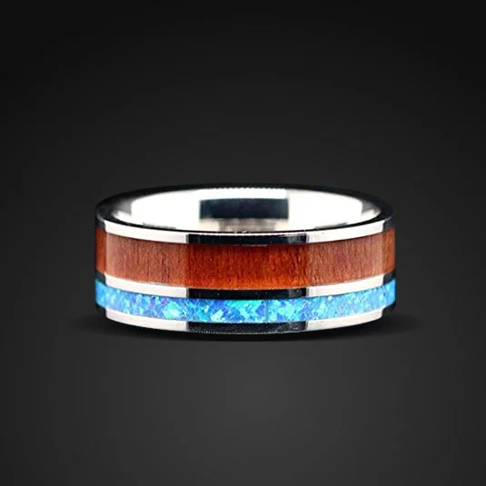 Men's sapphire - set rings for a royal blue hue"Aloha" Stainless Steel Opal and Hawaiian Koa Wood Ring Men's sapphire - set rings for a royal blue hue"Aloha" Stainless Steel Opal and Hawaiian Koa Wood Ring