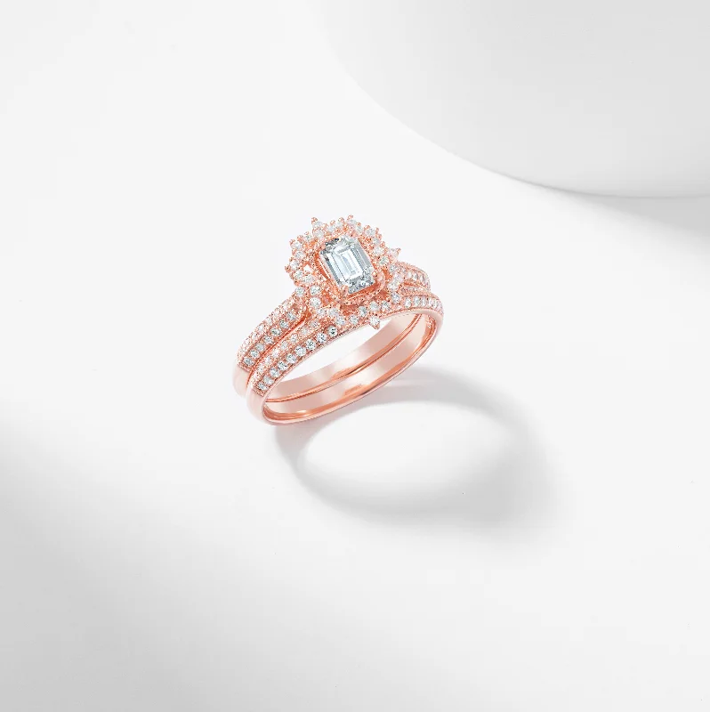 Ruby and diamond engagement ring with a halo of diamonds in 14K red goldEmerald Cut Diamond Vintage Halo Bridal Set 1.0tdw Ruby and diamond engagement ring with a halo of diamonds in 14K red goldEmerald Cut Diamond Vintage Halo Bridal Set 1.0tdw