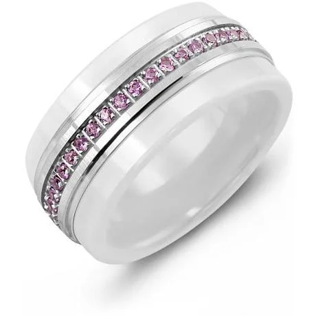 9mm White Ceramic 14K White Gold Ring 45 Pink Sapphire tcw. 0.45