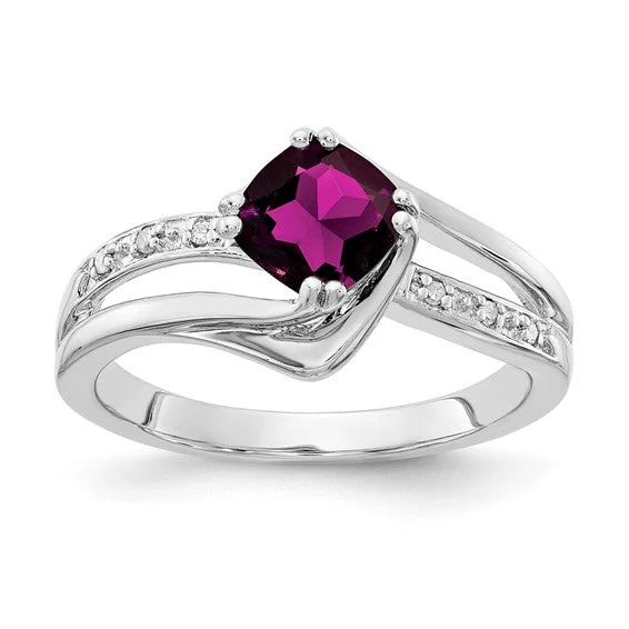 Sterling Silver Cushion Rhodolite Garnet and Diamond Ring Size 7