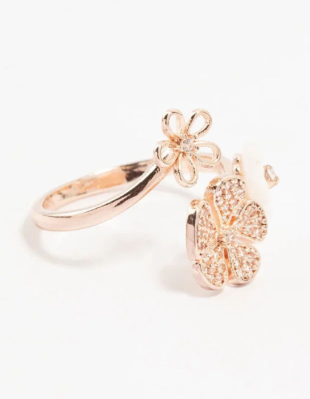 Fashion Rings with Initial Charms in Silver - Plated Metal for a Custom AccessoryRose Gold Floral Trio Cubic Zirconia Wrapped Ring Fashion Rings with Initial Charms in Silver - Plated Metal for a Custom AccessoryRose Gold Floral Trio Cubic Zirconia Wrapped Ring