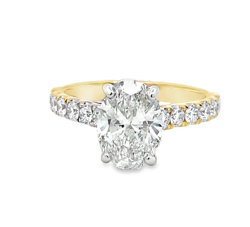 Vintage - style engagement ring with filigree details and sapphire accents in 14K yellow goldLAB GROWN OVAL & ROUND DIAMONDS 3.61ctw PRONG SET RING Vintage - style engagement ring with filigree details and sapphire accents in 14K yellow goldLAB GROWN OVAL & ROUND DIAMONDS 3.61ctw PRONG SET RING