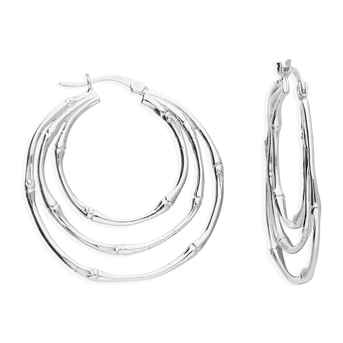 Beaded hoop earringsSterling Silver Triple Bamboo Style Hoop Earrings
