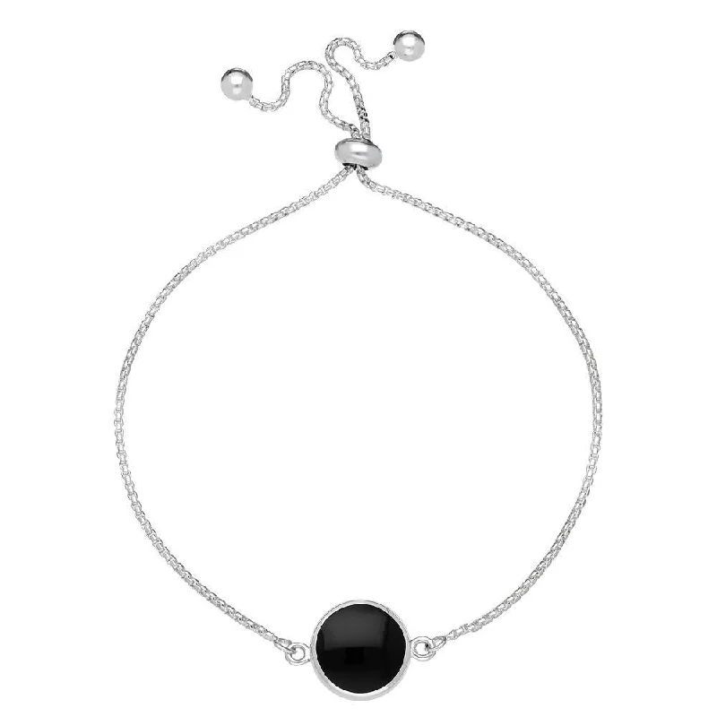 Sterling Silver Whitby Jet Round Stone Adjustable Bracelet