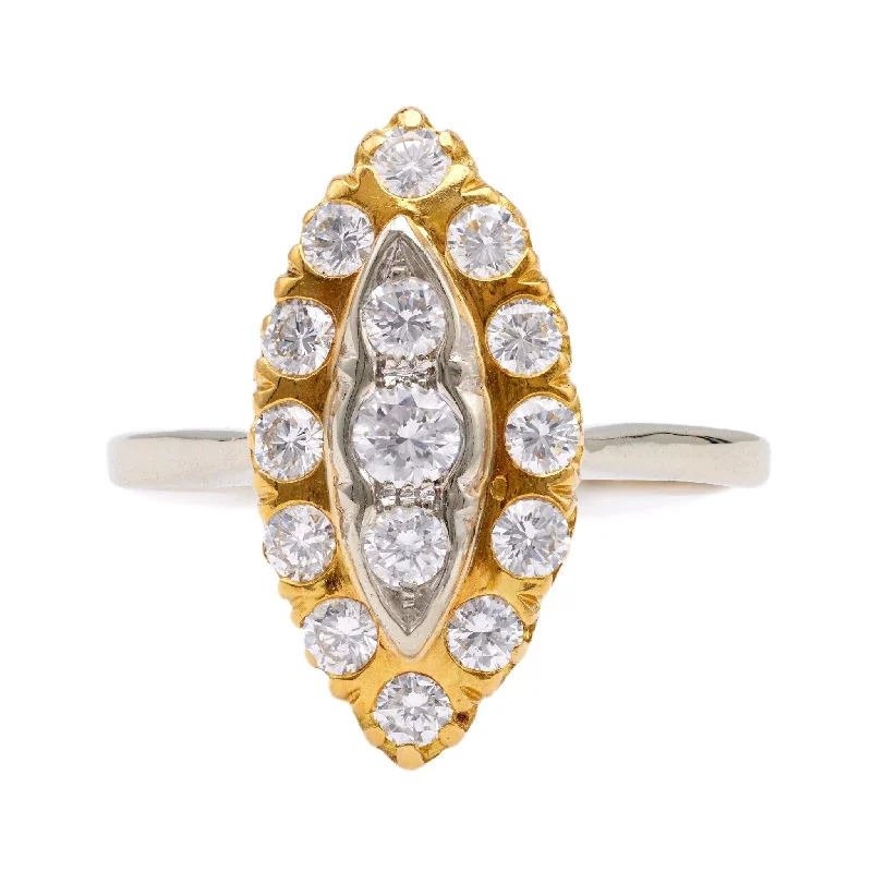 Radiant - cut diamond engagement ring with a bezel - set center stone in 18K yellow goldAntique Inspired French Diamond 18k Two Tone Navette Ring Radiant - cut diamond engagement ring with a bezel - set center stone in 18K yellow goldAntique Inspired French Diamond 18k Two Tone Navette Ring