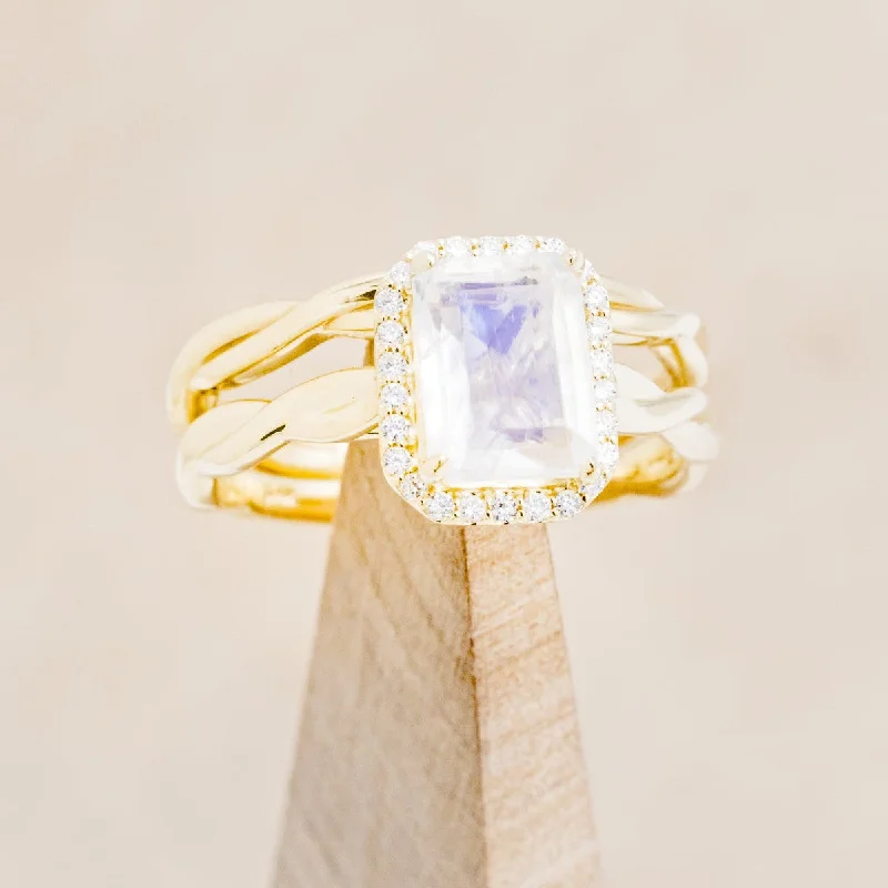 Men's Peridot Engagement Rings in 14K Gold - Filled Metal with a Micro - Pave Setting"EVERLEIGH" - EMERALD CUT MOONSTONE ENGAGEMENT RING WITH DIAMOND HALO & WOVEN STACKING BAND Men's Peridot Engagement Rings in 14K Gold - Filled Metal with a Micro - Pave Setting"EVERLEIGH" - EMERALD CUT MOONSTONE ENGAGEMENT RING WITH DIAMOND HALO & WOVEN STACKING BAND