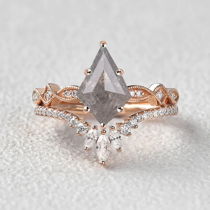 Icy Light Grey Salt and Pepper Diamonds Kite Cut Vintage Ring Set 2pcs