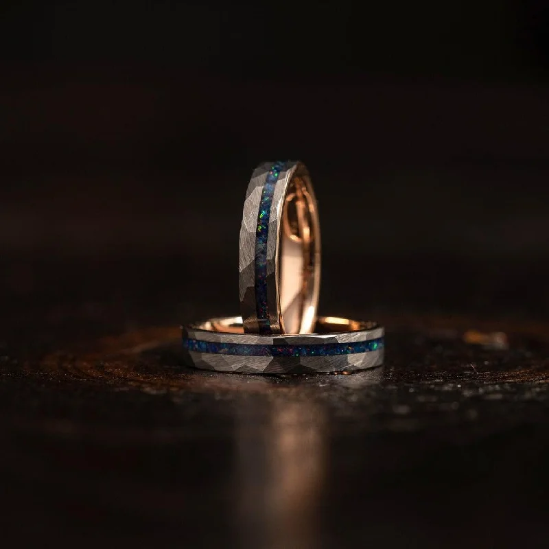 Adjustable Ring Sizes for Women's Rings in Stainless Steel"Zeus" Womens Hammered Tungsten Carbide Ring- White Gold w/ Galactic Opal Inlay- 4mm Adjustable Ring Sizes for Women's Rings in Stainless Steel"Zeus" Womens Hammered Tungsten Carbide Ring- White Gold w/ Galactic Opal Inlay- 4mm