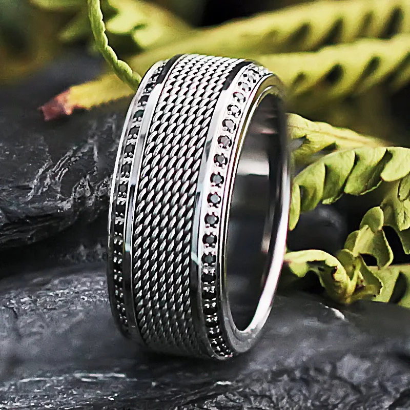 Titanium Rings with a Magnetic Insert for a Novel FeatureGAUNTLET Steel Chain Titanium Wedding Ring Polished Beveled Edges Set with Round Black Diamonds - 10mm Titanium Rings with a Magnetic Insert for a Novel FeatureGAUNTLET Steel Chain Titanium Wedding Ring Polished Beveled Edges Set with Round Black Diamonds - 10mm