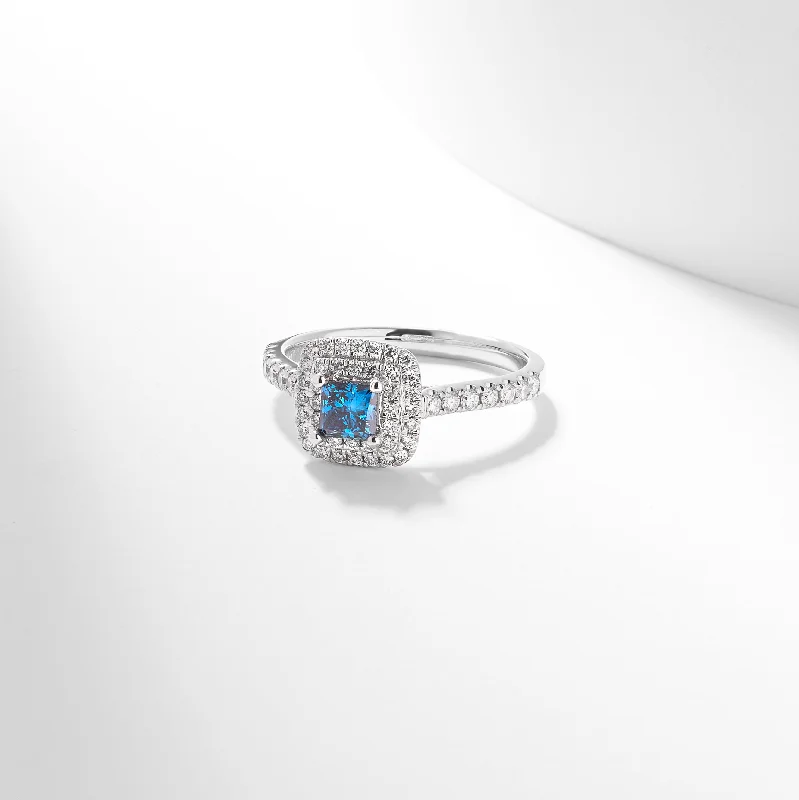 Solitaire diamond engagement ring with a platinum setting for a classic and elegant lookPlatinum 0.96tdw Princess Cut Blue Lab Diamond Centre With Double Halo And Claw Set Shoulders Ring Solitaire diamond engagement ring with a platinum setting for a classic and elegant lookPlatinum 0.96tdw Princess Cut Blue Lab Diamond Centre With Double Halo And Claw Set Shoulders Ring