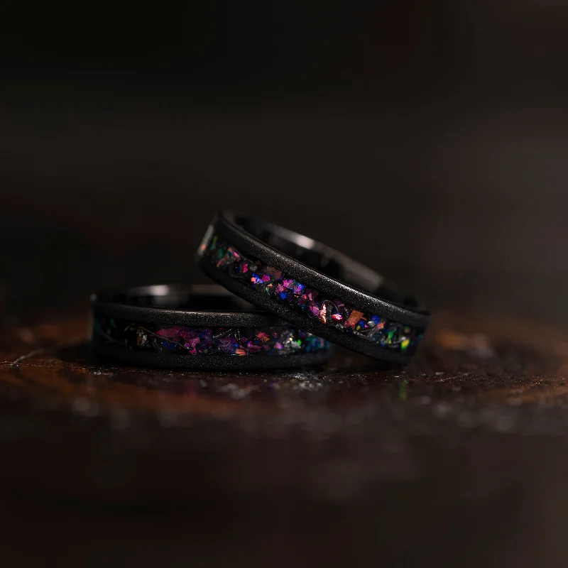 Diamond - Encrusted Women's Rings for Special Occasions in 18K Gold"Zeus" Flat Purple Nebula Ring- Meteorite and Opal- Black 5mm Womens Diamond - Encrusted Women's Rings for Special Occasions in 18K Gold"Zeus" Flat Purple Nebula Ring- Meteorite and Opal- Black 5mm Womens