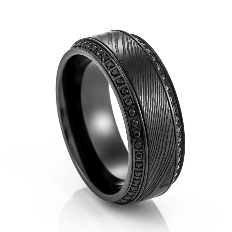 Titanium Rings with a Compass - Inlaid Center for AdventurersTROPHY Black Damascus Steel Inlaid Polished Black Titanium Men's Wedding Band With Black Sapphire Beveled Edges - 8mm