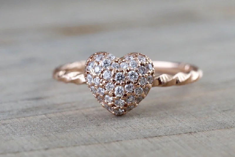 Men's budget - friendly rings for cost - conscious shoppers14k Rose Gold Diamond Puff Micro Pave Heart Anniversary Promise Love Ring Band Fashion