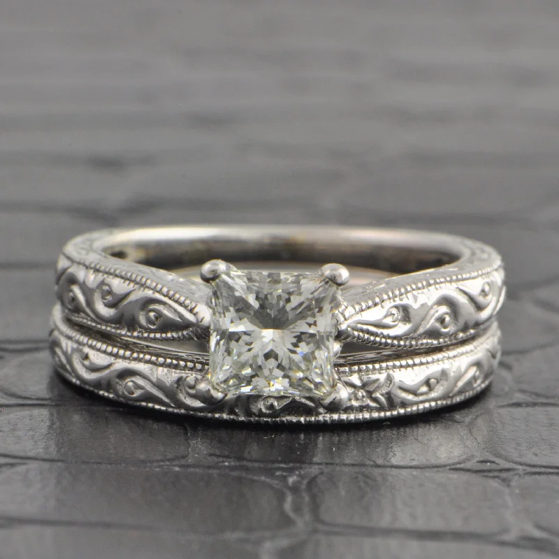 Emerald - cut diamond engagement ring set in a modern titanium bandEngraved 1.04 ct. Princess Cut Diamond Engagement Ring and Wedding Band Emerald - cut diamond engagement ring set in a modern titanium bandEngraved 1.04 ct. Princess Cut Diamond Engagement Ring and Wedding Band