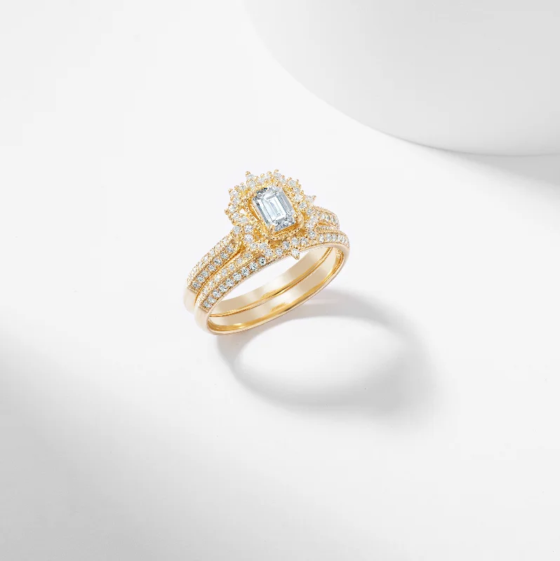 Pink diamond engagement ring in a rose - gold band with white - gold accentsEmerald Cut Moissanite Vintage Halo Bridal Set 1.0tdw Pink diamond engagement ring in a rose - gold band with white - gold accentsEmerald Cut Moissanite Vintage Halo Bridal Set 1.0tdw