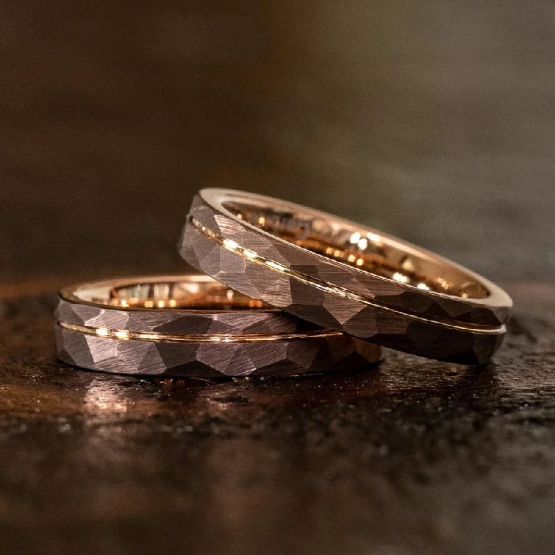 Diamond - Encrusted Women's Rings for Special Occasions in 18K Gold"Zeus" Womens Hammered Tungsten Carbide Ring- Chocolate w/ Rose Gold Strip- 4mm Diamond - Encrusted Women's Rings for Special Occasions in 18K Gold"Zeus" Womens Hammered Tungsten Carbide Ring- Chocolate w/ Rose Gold Strip- 4mm