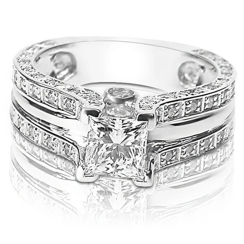 Men's Sapphire Engagement Rings in 18K White Gold with Pave Diamond Accents1.45-2.60 CT Round & Princess Cut Diamonds - Engagement Ring Men's Sapphire Engagement Rings in 18K White Gold with Pave Diamond Accents1.45-2.60 CT Round & Princess Cut Diamonds - Engagement Ring