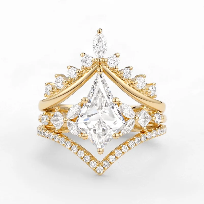 Kite Cut Lab Grown Diamond Stacking Luxurious Bridal Set 3pcs - Amelia
