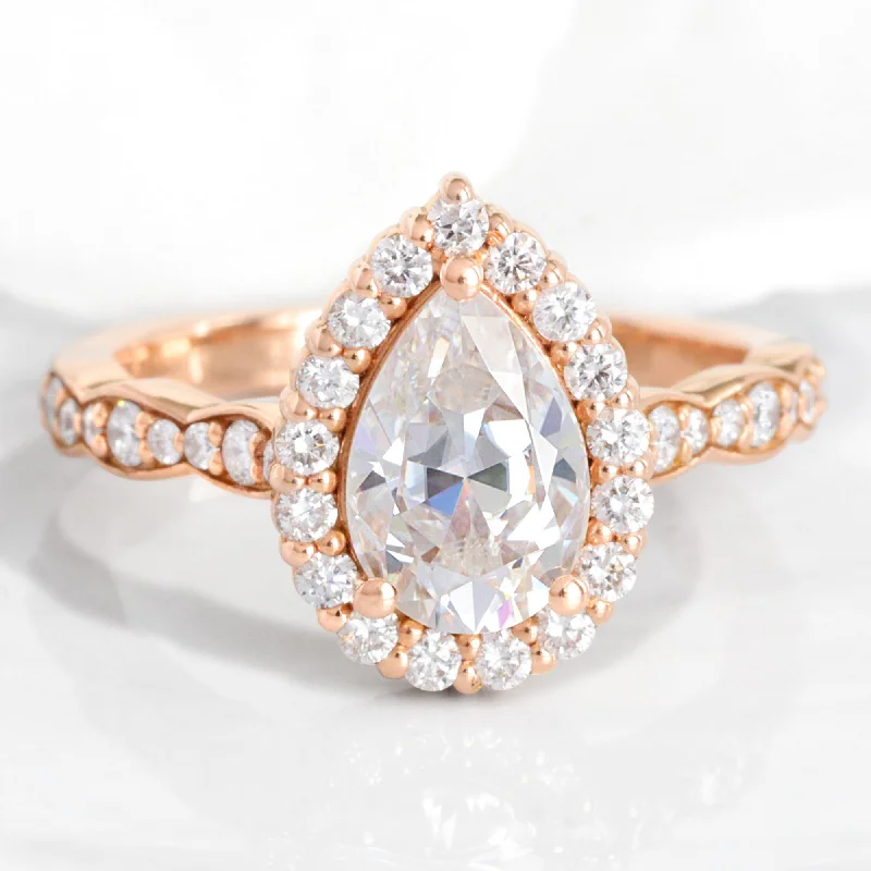 Men's Peridot Engagement Rings in 14K Gold - Filled Metal with a Micro - Pave SettingPear Moissanite Engagement Ring in Luna Halo Diamond Scalloped Band Men's Peridot Engagement Rings in 14K Gold - Filled Metal with a Micro - Pave SettingPear Moissanite Engagement Ring in Luna Halo Diamond Scalloped Band