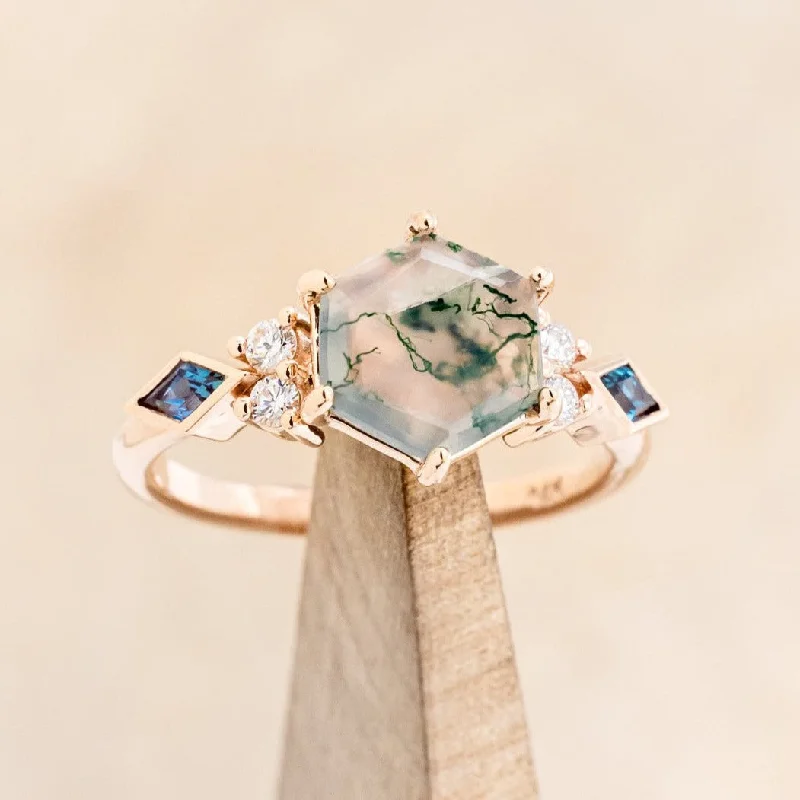 Men's Ruby Engagement Rings in Rose Gold with a Solitaire Design for a Romantic Gesture"EVERETT" - HEXAGON MOSS AGATE ENGAGEMENT RING WITH SIDE DIAMOND & LAB GROWN ALEXANDRITE ACCENTS Men's Ruby Engagement Rings in Rose Gold with a Solitaire Design for a Romantic Gesture"EVERETT" - HEXAGON MOSS AGATE ENGAGEMENT RING WITH SIDE DIAMOND & LAB GROWN ALEXANDRITE ACCENTS