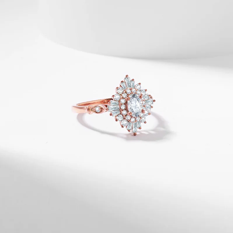 Heart - shaped diamond engagement ring with a hidden halo in 14K rose goldOval Lab Grown Diamond Baguette Starburst Engagement Ring 1.0tdw Heart - shaped diamond engagement ring with a hidden halo in 14K rose goldOval Lab Grown Diamond Baguette Starburst Engagement Ring 1.0tdw