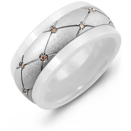 9mm White Ceramic 14K White Gold Ring 14 Chocolate Diamonds tcw 0.14