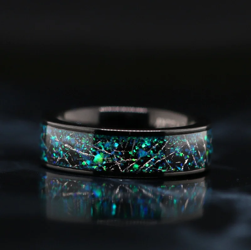 Men's polished brass rings with a warm glowCelestial Harmony - Opal Meteorite Ring | Unisex Wedding Band Men's polished brass rings with a warm glowCelestial Harmony - Opal Meteorite Ring | Unisex Wedding Band