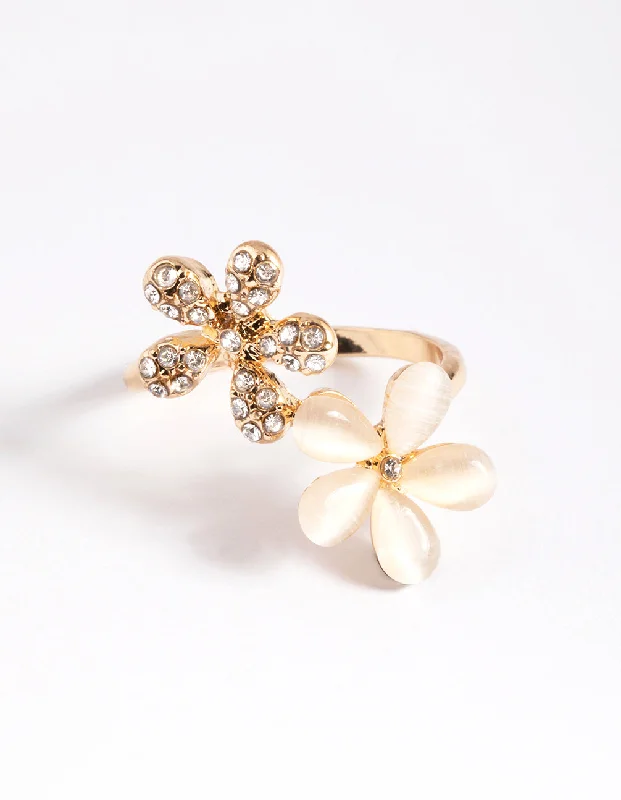 Statement - Making Fashion Rings in Gold - Plated Brass with Oversized Cubic Zirconia StonesGold Diamante & Cateye Flower Ring Statement - Making Fashion Rings in Gold - Plated Brass with Oversized Cubic Zirconia StonesGold Diamante & Cateye Flower Ring