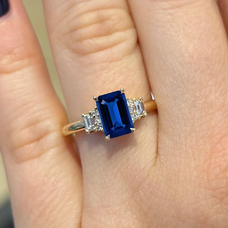 Men's Turquoise Engagement Rings in 925 Silver with a Southwestern - Inspired Band1.80 Carat Emerald Shape Three Stone Blue Sapphire Engagement Ring Men's Turquoise Engagement Rings in 925 Silver with a Southwestern - Inspired Band1.80 Carat Emerald Shape Three Stone Blue Sapphire Engagement Ring