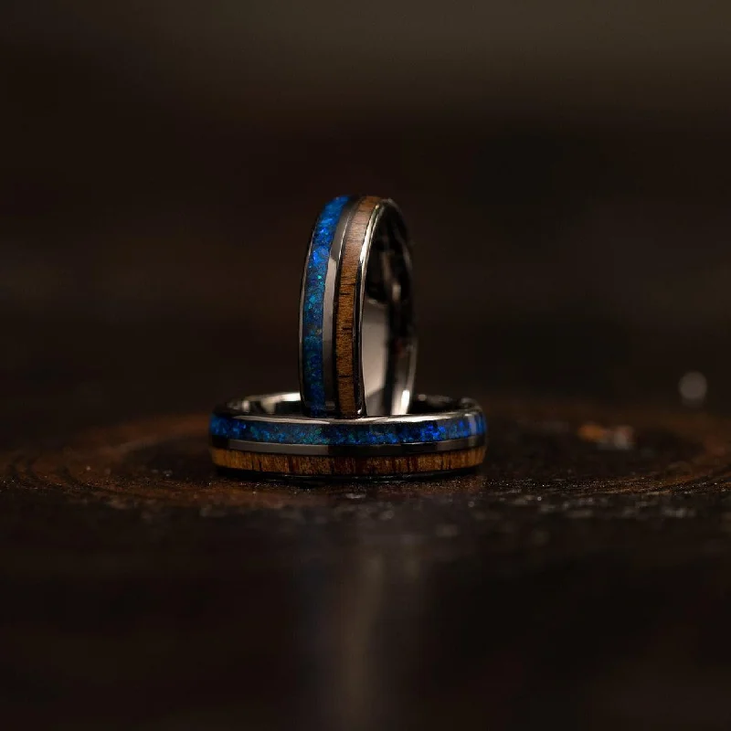 Art Deco - Inspired Women's Rings with Geometric Shapes in 14K Gold"Dionysis" Womens Tungsten Carbide Ring- Gunmetal X Blue Opal- 5mm Art Deco - Inspired Women's Rings with Geometric Shapes in 14K Gold"Dionysis" Womens Tungsten Carbide Ring- Gunmetal X Blue Opal- 5mm