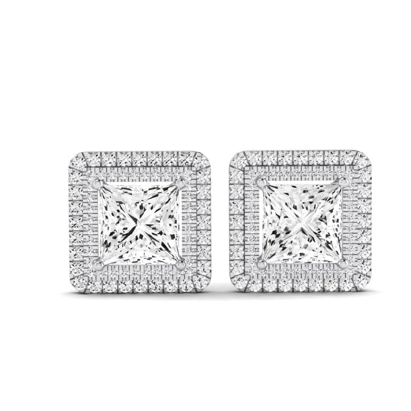 Cerise Princess Cut Diamond Halo Stud Earrings
