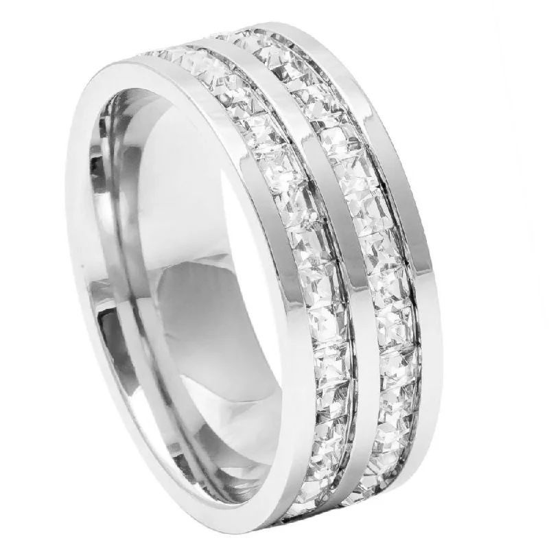 Titanium Rings with a Geometric - Shaped Inlay Pattern8mm - Mens Silver Titanium Double Row Princess Cut Unplated Ring Titanium Rings with a Geometric - Shaped Inlay Pattern8mm - Mens Silver Titanium Double Row Princess Cut Unplated Ring