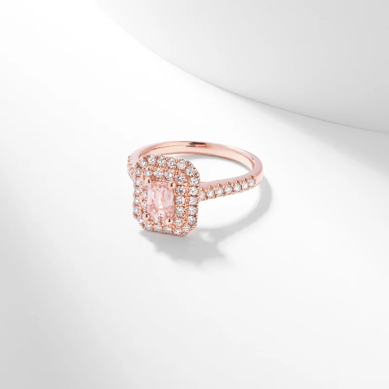 Radiant - cut diamond engagement ring with a bezel - set center stone in 18K yellow gold14K Rose Gold 1.38tdw Emerald Cut Pink Lab Diamond Centre With Double Halo And Claw Set Shoulders Ring Radiant - cut diamond engagement ring with a bezel - set center stone in 18K yellow gold14K Rose Gold 1.38tdw Emerald Cut Pink Lab Diamond Centre With Double Halo And Claw Set Shoulders Ring