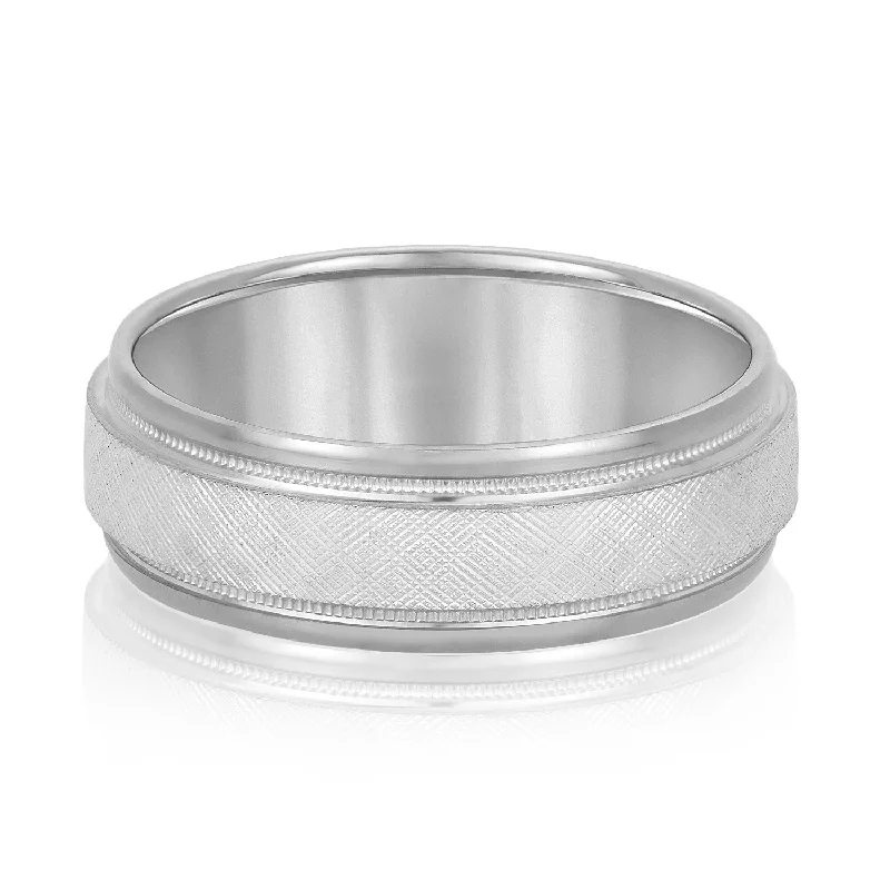 Men's tungsten carbide rings with a brushed textureMen's Band With Florentine Finish And Milgrain Accents
