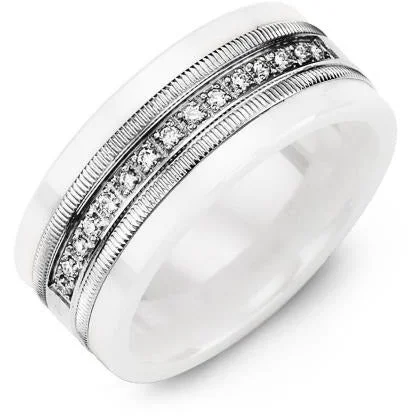 9mm White Ceramic 14K White Gold Ring 15 Diamonds tcw 0.15