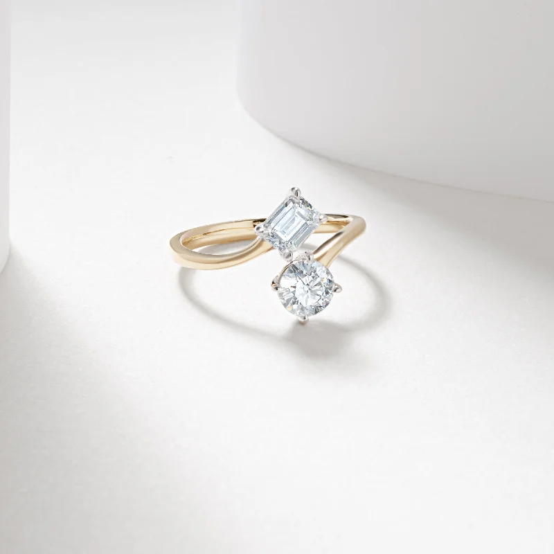 Cushion - cut diamond engagement ring with a halo of moissanite in a silver - plated band9K Yellow And White Gold Emerald Cut And Round Brilliant Lab Diamond Duo Ring 1.53tdw Cushion - cut diamond engagement ring with a halo of moissanite in a silver - plated band9K Yellow And White Gold Emerald Cut And Round Brilliant Lab Diamond Duo Ring 1.53tdw