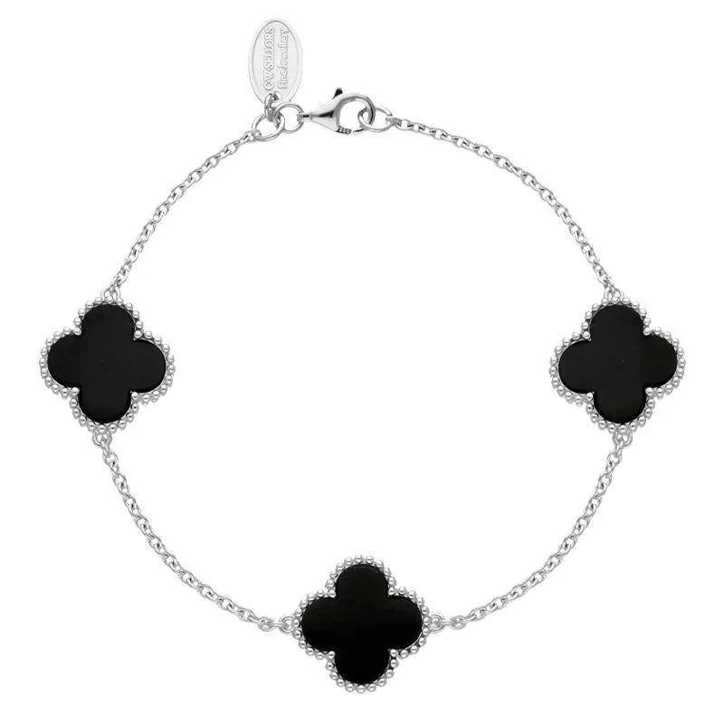 Sterling Silver Whitby Jet Bloom Four Leaf Clover Ball Edge Chain Bracelet