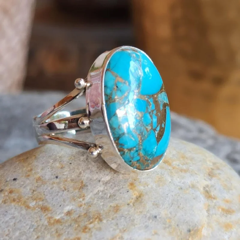 Boho - Style Women's Rings with Turquoise and Leather AccentsBLUE & GOLD - TURQUOISE COPPER 925 RING Boho - Style Women's Rings with Turquoise and Leather AccentsBLUE & GOLD - TURQUOISE COPPER 925 RING