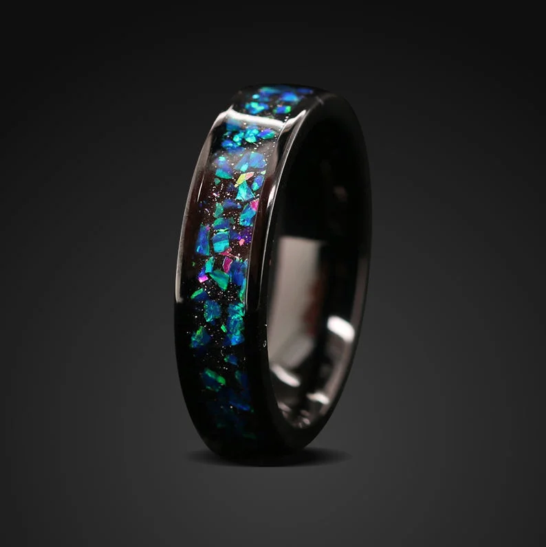 Men's Celtic - pattern rings with intricate designsNight Universe Opal Wedding Band for Her | Wedding band for Women Men's Celtic - pattern rings with intricate designsNight Universe Opal Wedding Band for Her | Wedding band for Women