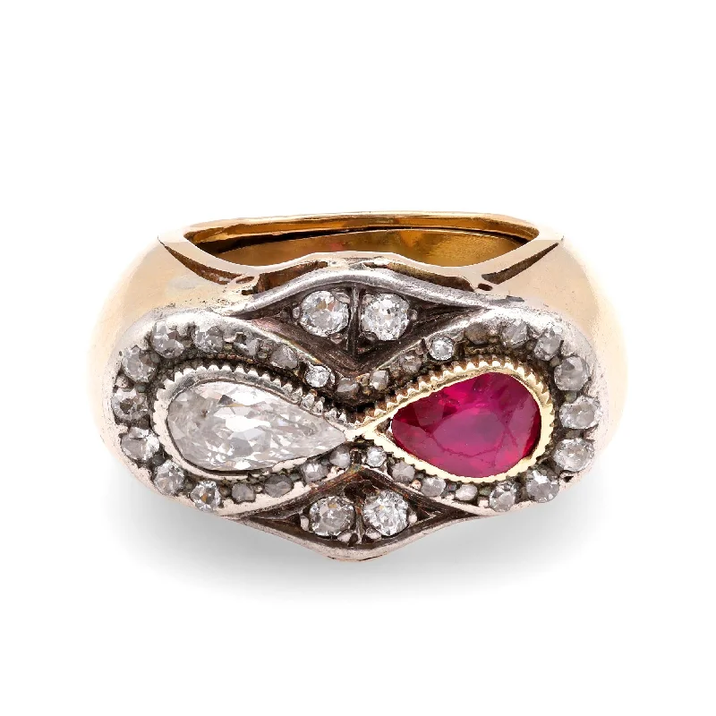 Round - cut diamond engagement ring with a twisted band design in 14K white goldRetro French Ruby Diamond 18K Yellow Gold Twin Stone Ring Round - cut diamond engagement ring with a twisted band design in 14K white goldRetro French Ruby Diamond 18K Yellow Gold Twin Stone Ring