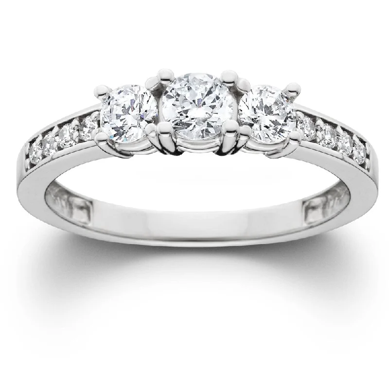 1Ct Diamond EX3 Lab Grown Three Stone Engagement Ring 10k White Gold (((G-H)), SI(1)-SI(2)) 1Ct Diamond EX3 Lab Grown Three Stone Engagement Ring 10k White Gold (((G-H)), SI(1)-SI(2))