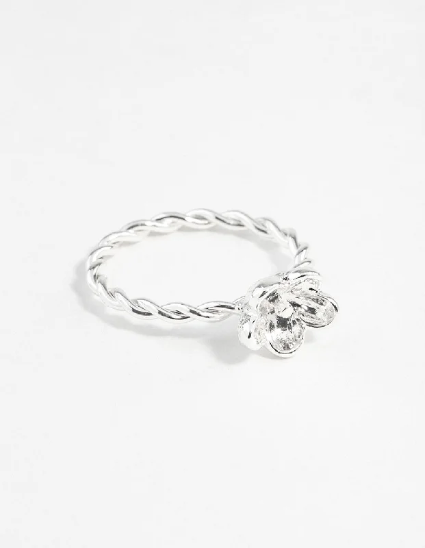 Geometric - Shaped Fashion Rings in Titanium with Iridescent InlaysSilver Twist Band Flower Ring Geometric - Shaped Fashion Rings in Titanium with Iridescent InlaysSilver Twist Band Flower Ring