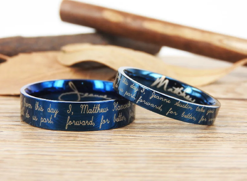 Men's budget - friendly rings for cost - conscious shoppersHandmade Your Marriage Vow & Signature Rings Wedding Rings, Blue Matching Wedding Bands, Titanium Couple Rings Set Men's budget - friendly rings for cost - conscious shoppersHandmade Your Marriage Vow & Signature Rings Wedding Rings, Blue Matching Wedding Bands, Titanium Couple Rings Set